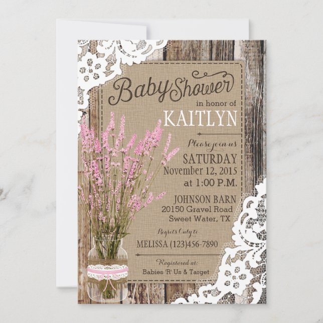 Pink Lavender Wood Lace Rustic Baby Shower Invitation (Front)