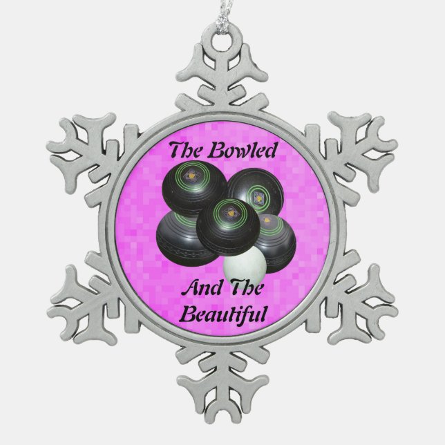Pink Lawn Bowls Bowled And Beautiful Design, Snowflake Pewter Christmas Ornament (Front)