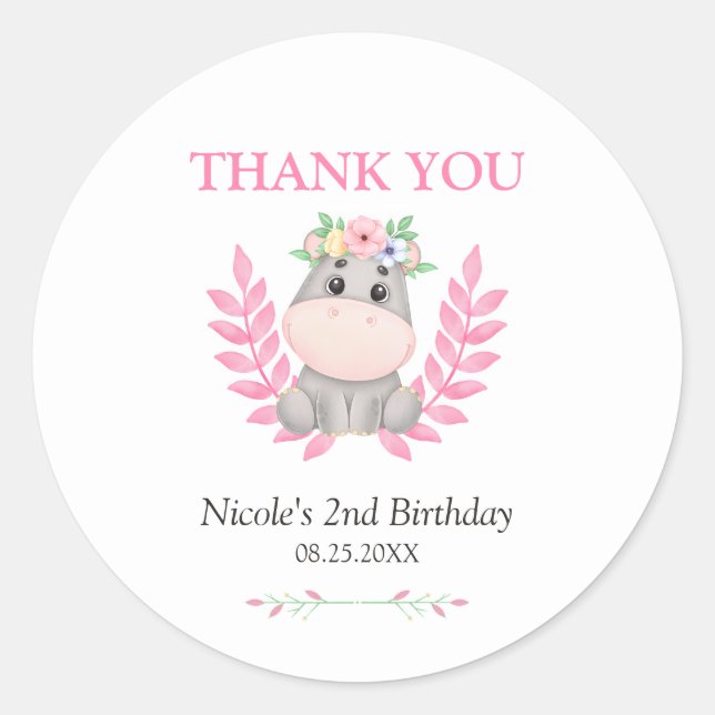 Pink Leaf Cute Hippo Floral Birthday Thank You Classic Round Sticker (Front)
