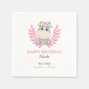 Pink Leaf Cute Hippo Floral Happy Birthday  Napkin