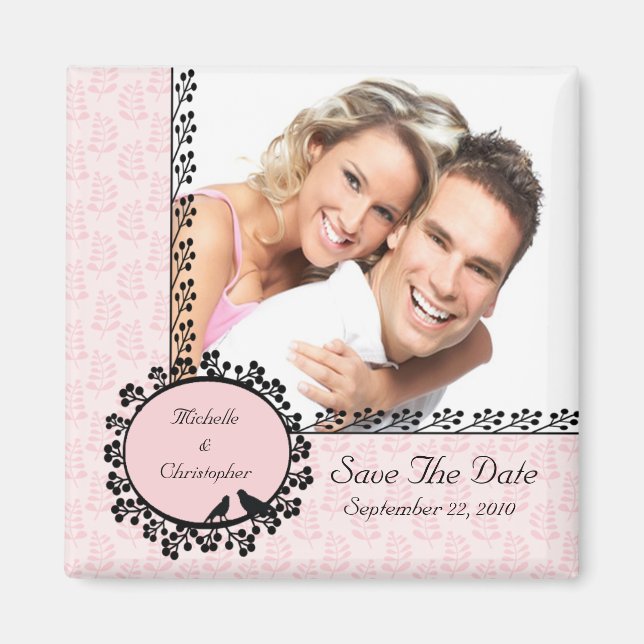 Pink leaf Love Birds Photo Save The Date Magnet (Front)