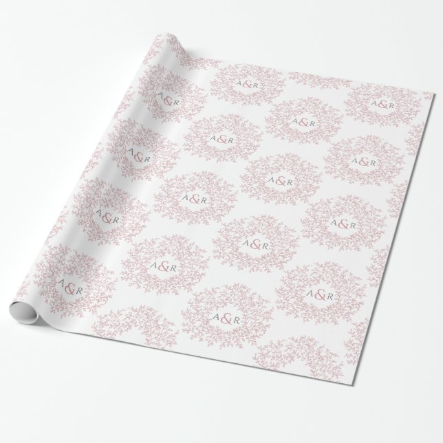 Pink leaf monogram art drawing on white wrapping paper (Unrolled)