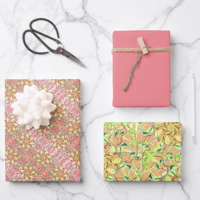 Pink Leaf Print Wrapping Paper Sheets (Front)