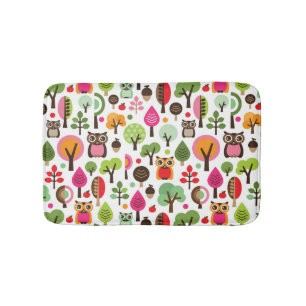 pink leaf tree retro owl pattern bath mat