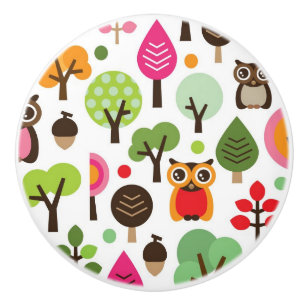 pink leaf tree retro owl pattern ceramic knob