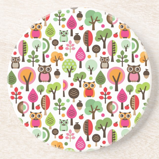 pink leaf tree retro owl pattern coaster (Front)