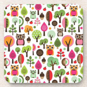 pink leaf tree retro owl pattern coaster
