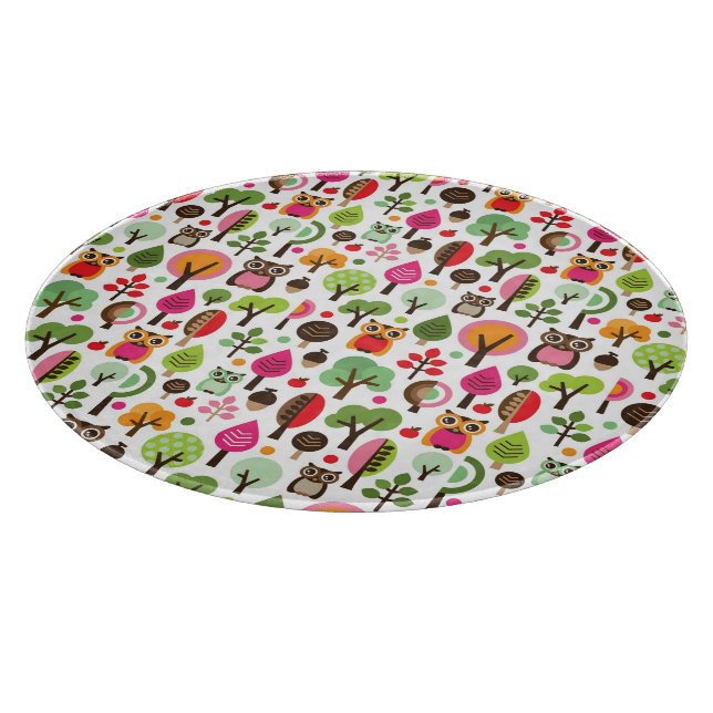 pink leaf tree retro owl pattern cutting board (Corner)