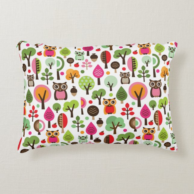 pink leaf tree retro owl pattern decorative cushion (Front)