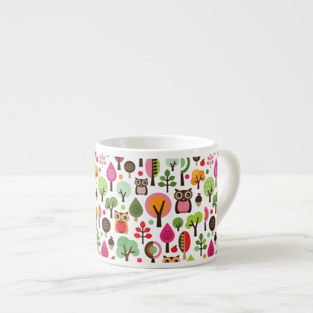 pink leaf tree retro owl pattern espresso cup (Front Right)