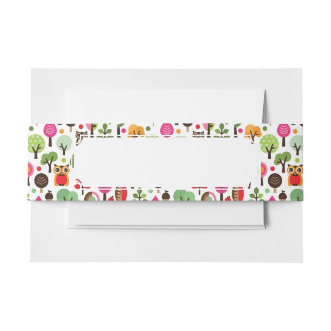 pink leaf tree retro owl pattern invitation belly band (Front Example)