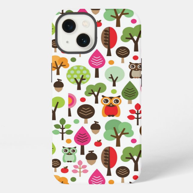 pink leaf tree retro owl pattern iPhone case (Back)