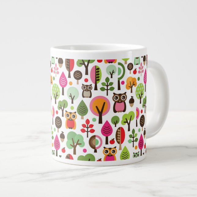 pink leaf tree retro owl pattern large coffee mug (Front Right)