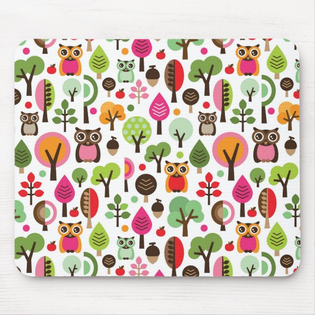 pink leaf tree retro owl pattern mouse mat (Front)