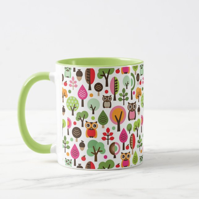 pink leaf tree retro owl pattern mug (Left)