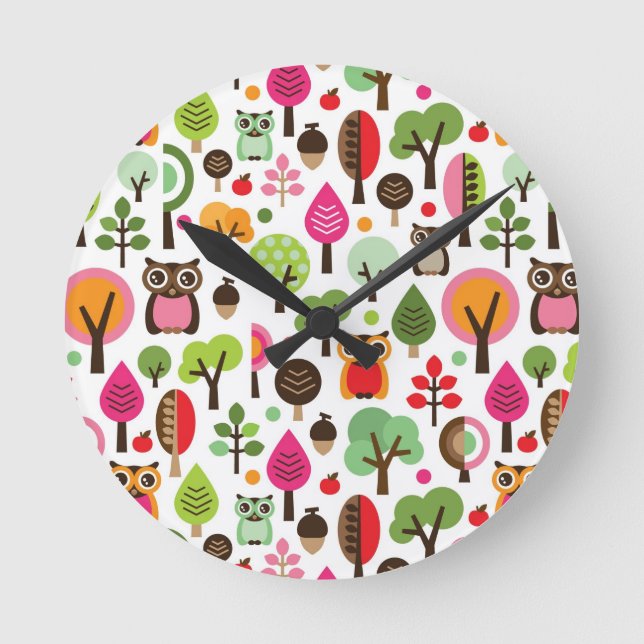 pink leaf tree retro owl pattern round clock (Front)