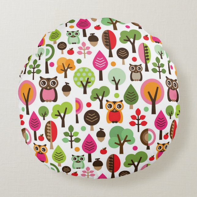 pink leaf tree retro owl pattern round cushion (Front)