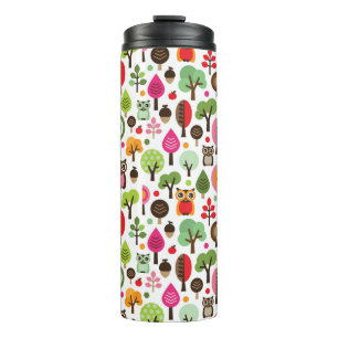 pink leaf tree retro owl pattern thermal tumbler