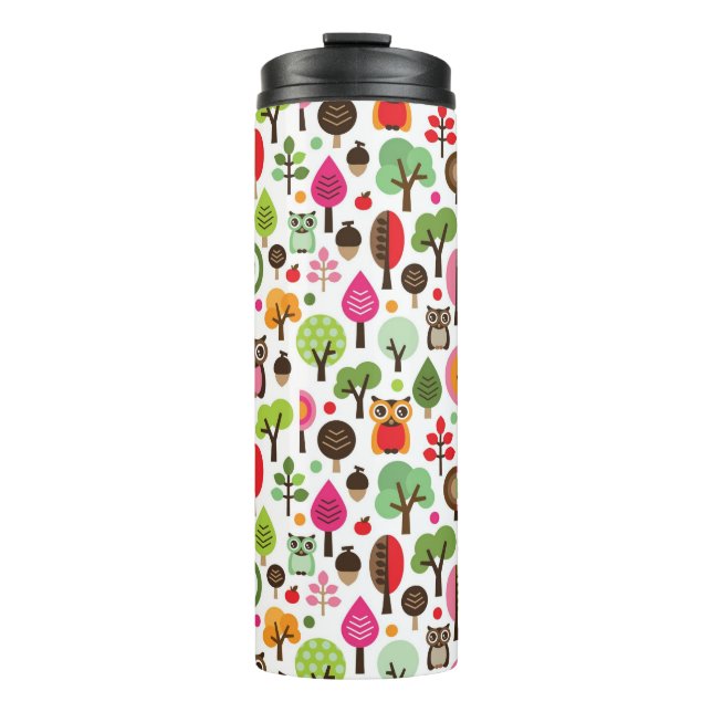 pink leaf tree retro owl pattern thermal tumbler (Front)