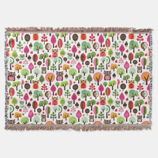 pink leaf tree retro owl pattern throw blanket (Front)