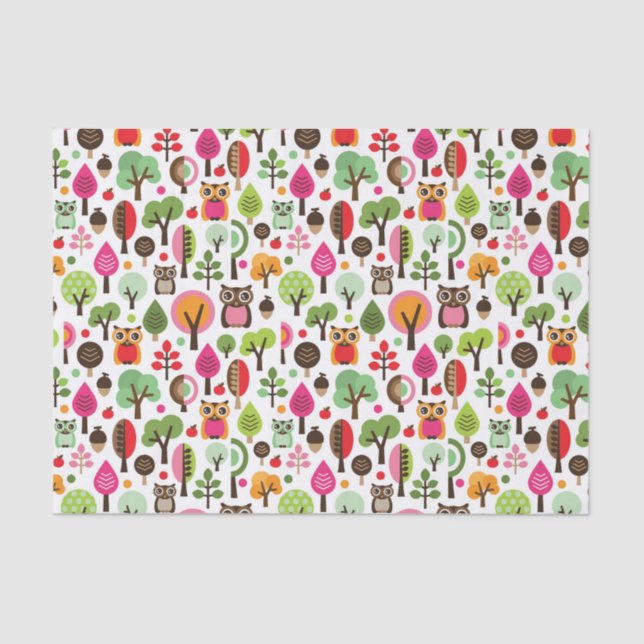 pink leaf tree retro owl pattern tissue paper (Front)