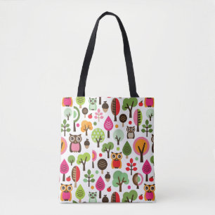 pink leaf tree retro owl pattern tote bag