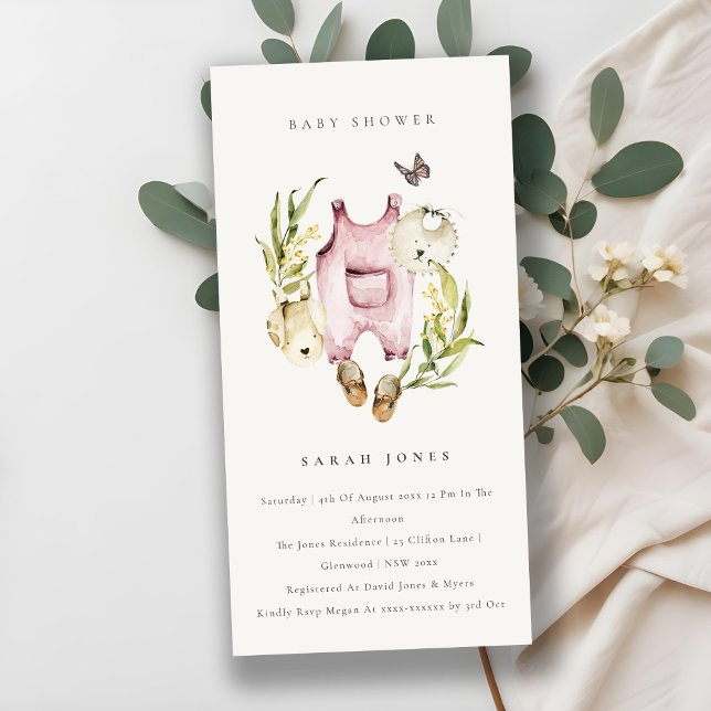 Pink Leafy Foliage Girl Clothes Baby Shower Invite (Creator Uploaded)
