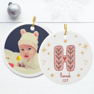 Pink Leafy Monogram H with Stars Pattern Ceramic Tree Decoration