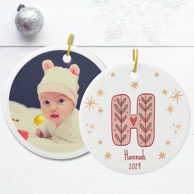 Pink Leafy Monogram H with Stars Pattern Ceramic Tree Decoration (Personalized Baby's First Christmas Photo Ornament)