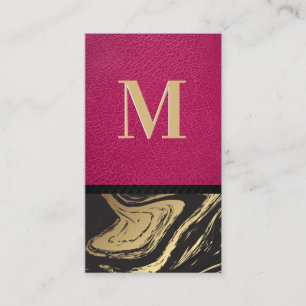 Pink Leather   Black Gold Marble Business Card
