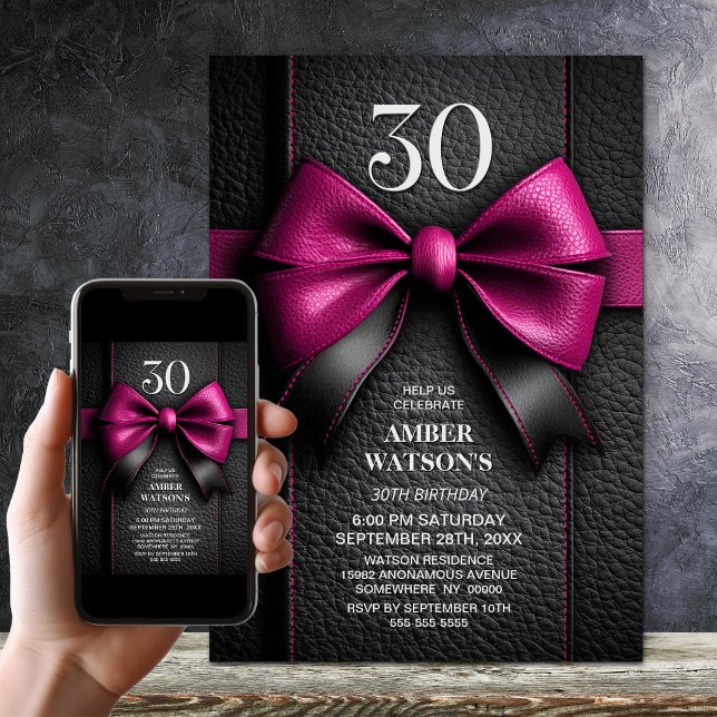 Pink Leather Bow 30th Birthday Party Invitation (Creator Uploaded)