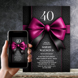 Pink Leather Bow 40th Birthday Party Invitation