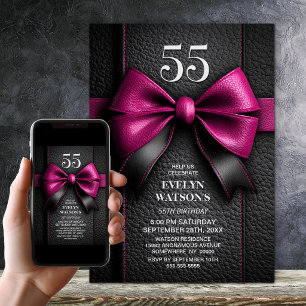 Pink Leather Bow 55th Birthday Party Invitation