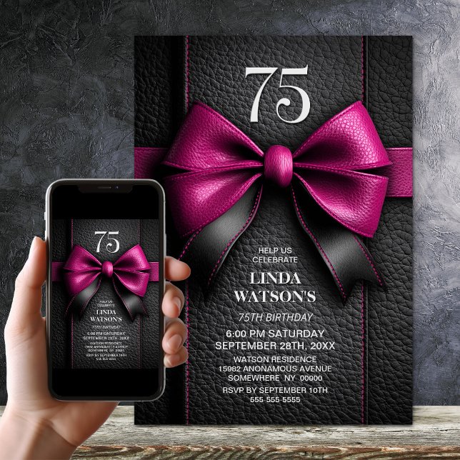 Pink Leather Bow 75th Birthday Party Invitation (Creator Uploaded)
