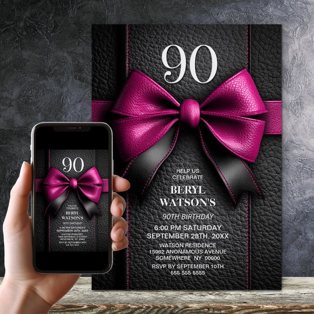 Pink Leather Bow 90th Birthday Party Invitation (Creator Uploaded)