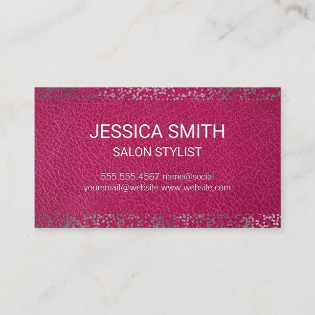 Pink Leather Texture | Silver Speckled Pattern Business Card (Front)