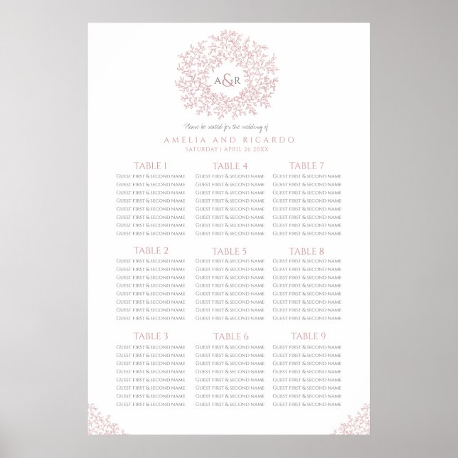 Pink leaves circle wedding seating chart poster (Front)