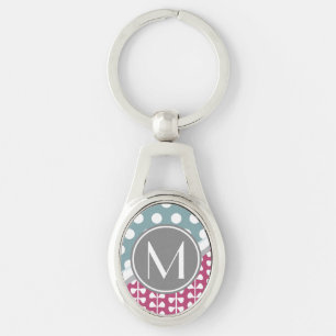 Pink Leaves Dots Custom Monogram Oval Keychain