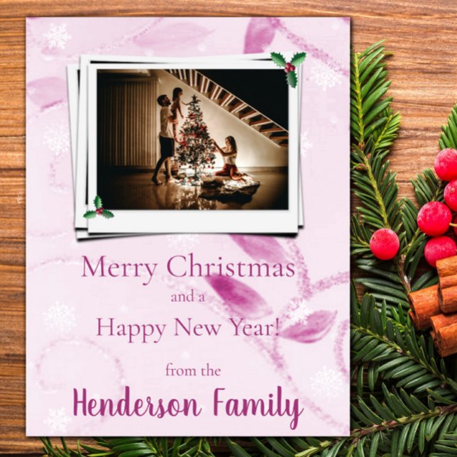 Pink Leaves Flat Holiday Photo Card (Pink Leaves Flat Holiday Photo Card)