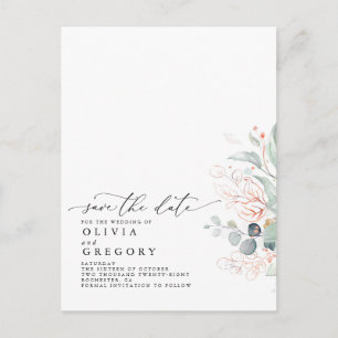 Pink Leaves Greenery Modern Elegant Save the Date Announcement Postcard
