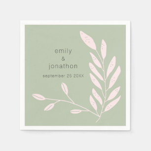 Pink Leaves Names Date Wedding Sage Green Napkin