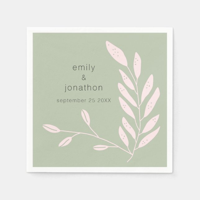 Pink Leaves Names Date Wedding Sage Green Napkin (Front)