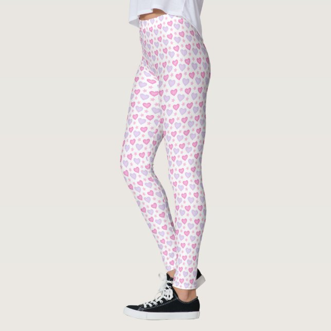 Pink Leggings Women, Stars, Purple Hearts White (Left)