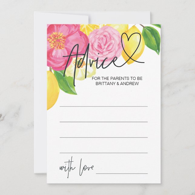 Pink Lemon Floral Baby Shower Advice Game Card (Front)