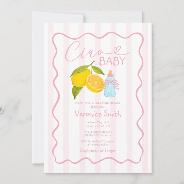 Pink Lemon Italy Ciao Baby Shower Invite  (Front)