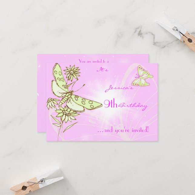Pink Lemon Lime Butterfly Birthday RSVP Card (Front/Back In Situ)