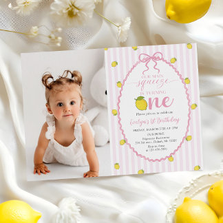 Pink Lemon Our Main Squeeze 1st Birthday Photo Invitation