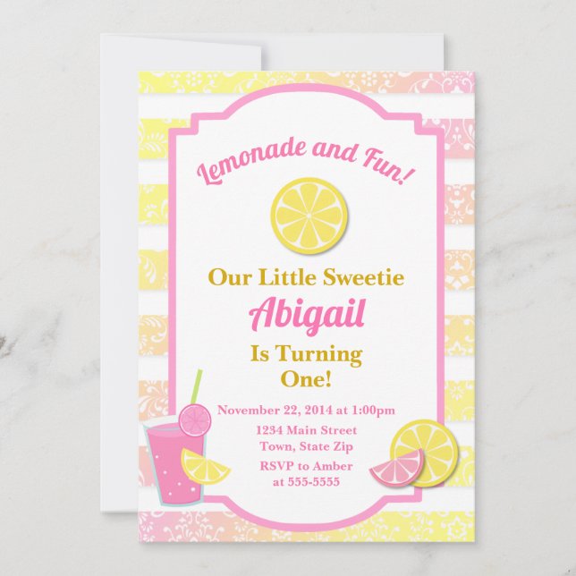 Pink Lemonade Birthday Invitation 1st Birthday (Front)