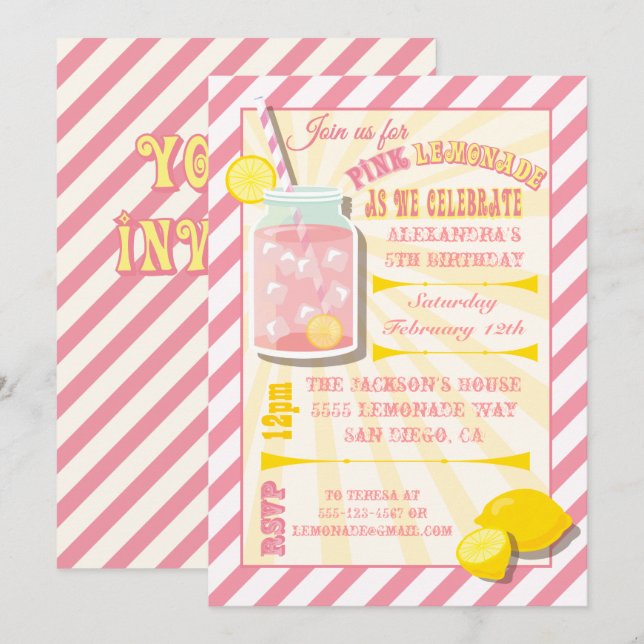 Pink Lemonade Birthday Party Invitations (Front/Back)