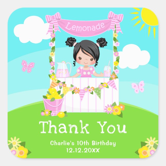 Pink Lemonade Black Hair Girl Birthday Thank You Square Sticker (Front)